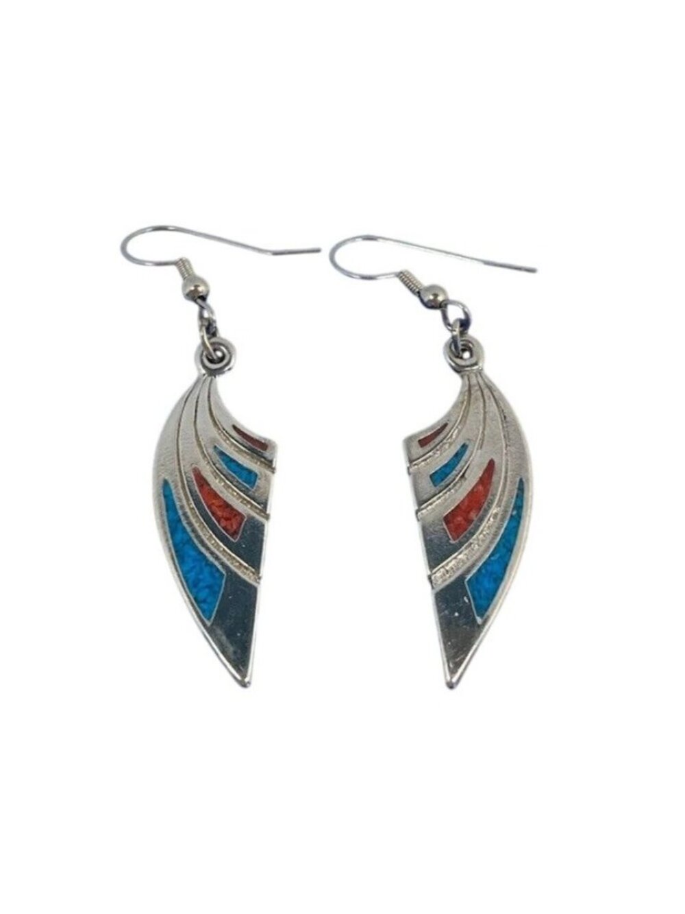 Vtg Womens Western Style Earrings Silver Turquoise & Red Coral Dangle Drop